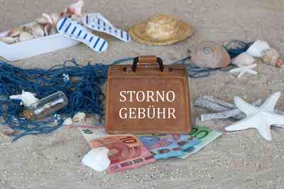 © Racamani - stock.adobe.com Sand, Muscheln, Geldscheine und Koffer mit Aufschrift Stornogebühr